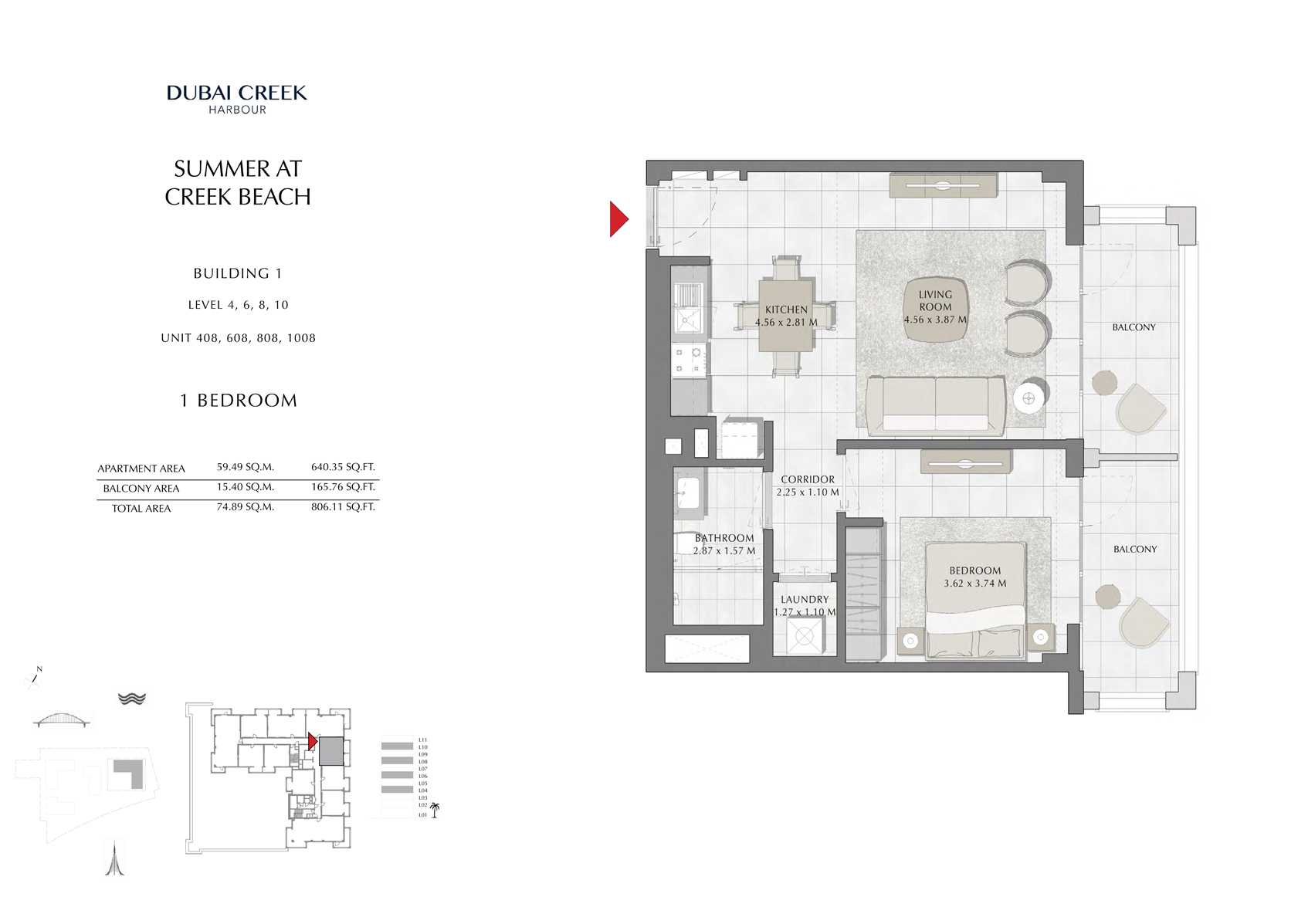 1 Br Building 1 Level-4-6-8-10 Unit 408-608-808-1008, Size 806 Sq Ft